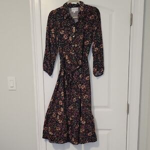 French Grey Multicolor Floral Long Sleeve Dress